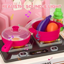 Kids Play Kitchen Set, Toddler Kitchen Playset with Light & Sound, Cooking Stove, Play Sink, Coffee Maker, Play Food Toy and Kitchen Accessories, Kitchen Toy for Kids Girls Boys 1-3 - Pink