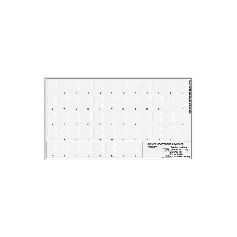 ARMENIAN KEYBOARD STICKERS with WHITE LETTERING TRANSPARENT BACKGROUND for DESKTOP,
