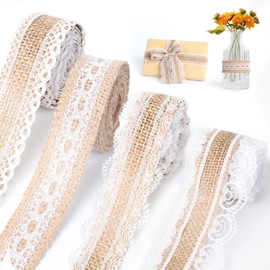 AiQInu 4 Rolls Jute Ribbon with Lace 2 m, Lace Ribbon Jute Fabric Decorative Ribbon, Vintage Jute Ribbon Roll with White Tips for DIY Crafts Wedding Party Gift Ribbon