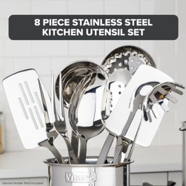 Viking Kitchen Utensils Set, 8 Piece Stainless Steel Cooking Utensil Set, Includes Spatulas, Spoons, Pasta Fork, Deep Ladle, Meat Fork, and Skimmer, Silver