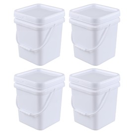 Ponpong 5 Gallon Square Plastic Food Bucket with Handles, 4 Pack Storage Container Pails with Lid, White