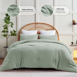 CozyLux Sage Green Comforter Set Queen Size, 3 Pieces Solid Breathable Quilted Style Bedding Sets, Luxury Fluffy Soft Microfiber Comforter for All Season(1 Comforter & 2 Pillowcases)