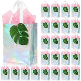 Locmeo 24 Pcs Hawaiian Luau Iridescent Gift Bags 11 x 5 x 12.6 Inch Holographic Bags with Monstera Leaves Tags for Bachelorette Wedding Birthday Bridesmaid Tropical Beach Party Favors Supplies
