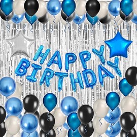 Blue Black Birthday Party Decorations Kit for Men 49 Pieces, Happy Birthday Banner, Fringe Curtains, Foil Balloons for 13th 16th 20th 21st 30th 35th 50th 60th Girls Men Party Supplies