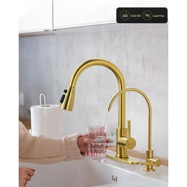 Kitchen Faucet and Water Filter Faucet Combo, WOWOW Stainless Steel Kitchen Sink Faucet with Drinking Water Faucet for Reverse Osmosis or Water Filtration System, Brushed Gold