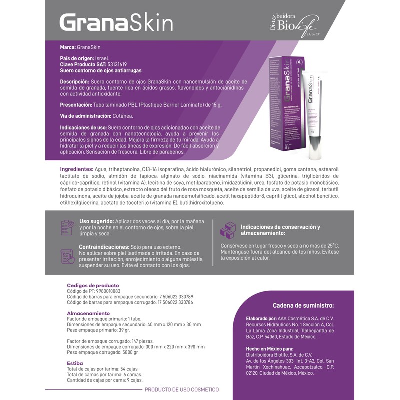 GranaSkin Suero Contorno de Ojos Antienvejecimiento con Efecto Lifting, 15