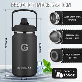 1 Gallon Insulated Water Bottle with Handle, 135 oz Double Vacuum Stainless Steel Water Jug for Hot & Cold Drinks, Leak-Proof Large Wide Mouth Water Flask for Travel, Gym, Biking (Black)