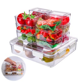 AIERSA Refrigerator Organizers and Storage,Fruit and Vegetable Storage Containers for Fridge,Stackable Fridge Food Organization Bins,Big Snackle Box Container,Divided Serving Tray with Lid and Handle