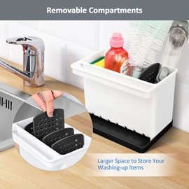 JOMOLA Kitchen Sink Organizer Dish Brush Sponge Holder Caddy Toothbrush Holders for Bathrooms Sinkware Kitchen Utensil Holder Sink Caddy Organizer with 4 Separate Dividers Removable Drain Tray (Black)
