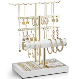 Vlando 3 Tier Jewelry Stand Organizer with Tary, Leather Jewelry Holder Display for Women, Gold Jewlery Holder Display for Necklace, Earring, Bracelet, Rings - White