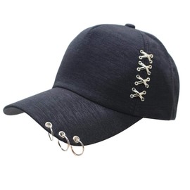 niumanery Women Men Unisex Punk Rock Metal Cross Piercing Baseball Cap Hip Hop Street Style 3 Rings Adjustable Cotton Snapback Trucker Hat Black