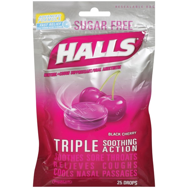 Halls Cough Drop, S/F, Black Chry, 25-Count (Pack of 6)