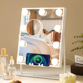 VANITII Vanity Hollywood Mirror with Lights Bluetooth Speaker Wireless Charger Light Up Makeup Mirror with 9 Bulbs for Tabletop Detachable 10X Magnifying, White