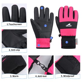Achiou Kids Ski Gloves, Waterproof Winter Snow Gloves for Kids, Touchscreen Warm Snowboard Gloves for Boys Girls Children Skiing Cycling