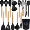 15-piece silicone wooden handle kitchen utensils set, kitchen gadgets (green