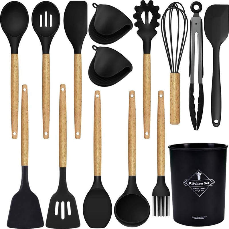 15-piece silicone wooden handle kitchen utensils set, kitchen gadgets (green