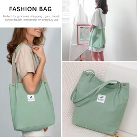 Bikasun Women's Corduroy Shoulder Bag, Large Shoulder Bag, Cord Bag, Casual Tote Bag, Handbag, Beach Bag, Shopper Shopping Bag, Fabric Bag for Everyday, Office, School Trip, Light Green