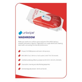 Uniwipe Washroom Wipes Antibacterial Fragranced Sanitising Wipes kills 99.999% of germs (100 Pack), Red Zone, 22x20cm