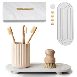 Instant Dry Sink Caddy Organizer, Fast Drying Sink Caddy, Kitchen Sink Organizer, Water Absorbing Stone Sponge Holder for Kitchen and Bathroom Countertop with Natural Loofah and Wooden Feet