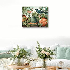 Paint by Numbers Vintage Plant, DIY Paint by Numbers Kit for Adults Bird Canvas Painting by Numbers Plants in a Green Merlin Jar Oil Painting Acrylic Painting Arts Craft for Home Decor 16x20 Inch