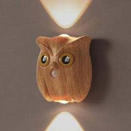 GDQ Wireless Motion Sensor Night Light, Cute Owl Wood Grain LED Lamp