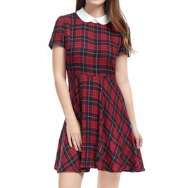 Allegra K Women Plaids Contrast Peter Pan Collar Puff Sleeves Above Knee Dress Large Red
