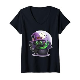 Womens Black Cat Witch with Cauldron and Moon V-Neck T-Shirt