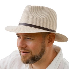 Bigalli Trekker Poly Braid Sun Hats for Women Men Crushable Beach Hat Tear Drop Shape with Recycled Leather Details, UV Protection SPF 80, Fedora Hats for Women Men | Cream Small