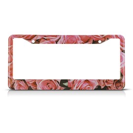 Beabes Rose License Plate Frame Pink Floral Blossom License Plate Holder Romantic Love Valentine Car Tag Frame License Plate Cover Car Accessories 2 Holes Novelty Auto Car Tag Vanity Present
