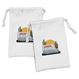Ambesonne RV Fabric Pouch Set of 2, Outdoors Recreation Themed Cartoon Camper Trailer Sunset and Silhouette Cactus Plants, Small Drawstring Bag for Toiletries Masks and Favors, 9" x 6", Multicolor