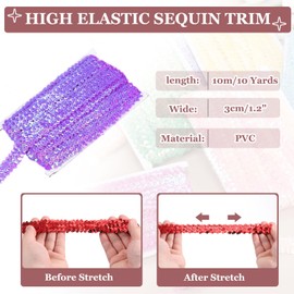 MECCANIXITY 10 Yard x 1.2 Inch Elastic Sequins Trim Flat Stretchy Sequin Strip Paillette Fabric Ribbon Band for DIY Crafts Sewing Dress Light Purple