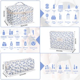 Makeup Bag Set, Quilted Makeup Bag, Large Floral Cosmetic Bag for Women, Cute Cotton Makeup Bags, Flower Travel Toiletry Organizer Bag (Blue Peacock Flower)