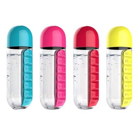 Pill Bottle, 2 in 1 Portable Water Bottle with Pill Box, Weekly Dispenser, Pill Dispenser and 600ml Water Bottle