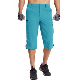 TACVASEN Men's Hiking Shorts Quick Dry 3/4 Capri Pants Multi Pockets Cargo Shorts Lake Blue, 38