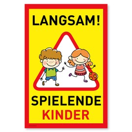 Achtung Kinder Sign (20 x 30 cm Plastic) - Warning Sign Playing Children - Caution Here Play Children - Please Slow Drive - 870211