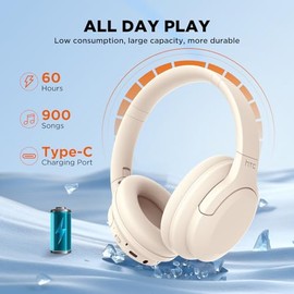 HTC HP02 Audífonos Inalámbricos Diadema con Cancelación Activa de Ruido, 60 Horas de Reproducción, 40mm Drivers Dinámicos, Conexión 3.5 mm, Audífonos Over-Ear Plegables para Juego, Llamadas -Blanco
