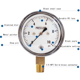 JIVTO 0-10 Psi Low Capsule Pressure Gauge,2-1/2" Dial,1/4" NPT Lower Mount,Zero Adjustment,for Air Gas Water Regulator Pressure Test