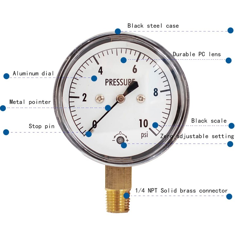 JIVTO 0-10 Psi Low Capsule Pressure Gauge,2-1/2" Dial,1/4" NPT Lower