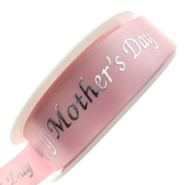 LARRYROO 5 Metres x 25mm - Happy Mother's Day Satin Ribbon - Pink with Silver Text - for Gift Wrapping, Decoration, Party etc