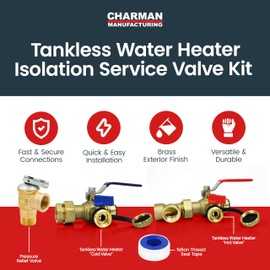 CMI Inc - 3/4 inch Tankless Water Heater Isolation Service Valve Kit – Push To Connect x Female Threaded Full Port Brass Service Valve & Pressure Relief - Compatible with Most Tankless Water Heaters
