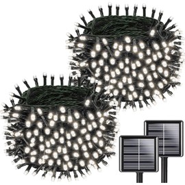 Solar String Lights Outdoor Waterproof 2PK 200LED 66FT Twinkle Lights Auto On/Off Solar Powered LED Fairy Light Green Wire with 8 Modes for Christmas Tree Party Wedding Garden Decoration (Cool White)