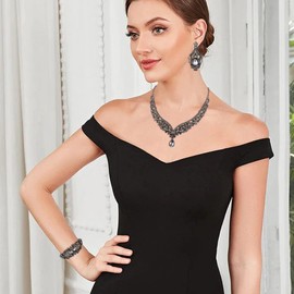 EVER FAITH V Shape Bridal Jewellery Set Austrian Crystal Elegant Statement Teardrop Necklace Earrings Bracelet Set Grey Black Tone, Crystal, No Gemstone