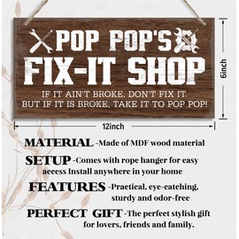 Pop Pop's Fix-It Shop If It Ain't Broke, Don't Fix It. But If It Is Broke, Take It To Pop Pop! Decor Sign, Hanging Printed Wooden Plaque Decor, Rustic Home Decor Sign, Gift for Grandpa 12x6in