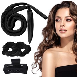 Heatless Curls Band, Curls Without Heat, Overnight Curls, Hair Band Curls Overnight, with Large Hair Clips and Scrunchies, for Medium Long Hair (Black)