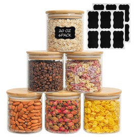 ComSaf Airtight Glass Food Storage Jars Set of 6, 20oz Clear Glass Food Storage Container with Sealing Wooden Lid, Stackable Spice Jar, Round Kitchen Canister for Sugar, Tea, Coffee bean, Pasta, Oat