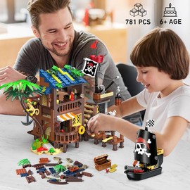 HOGOKIDS Pirate Ship House Building Set with LED Light - 3 Style Modes Pirate Wharf Supply Center Building Block Set, 781PCS STEM Bricks Kit for Kids Girls Boys Ages 6-12+ Birthday Gifts Creative Construction