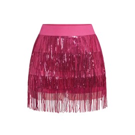 Floerns Women's Sparkly Sequin Fringe Skirt Belly Dance Disco Tassel Rave Mini Skirt Hot Pink Small