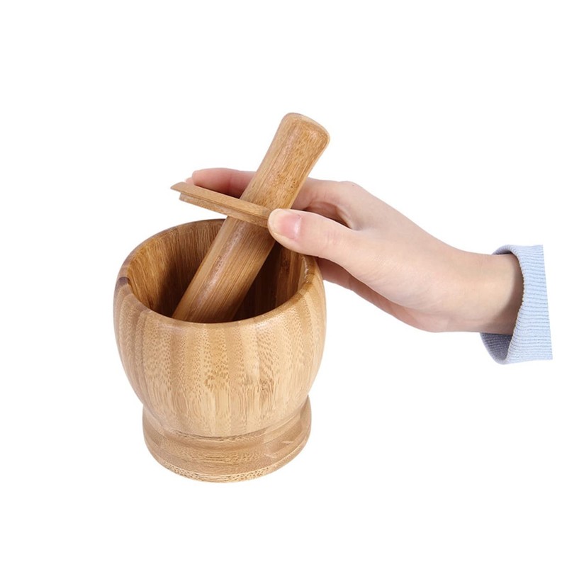 LABRIMP -in-one Garlic Press Set Bamboo Pot Pestle Food Garlic