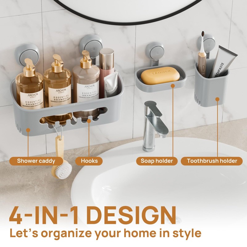 LEVERLOC Shower Caddy Suction Cup Set Shower Organizer & Soap