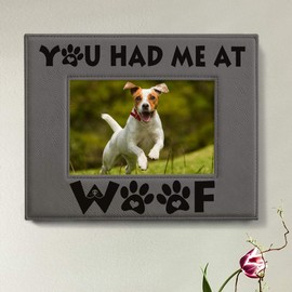KATE POSH - You had me at WOOF Engraved Leather Picture Frame - Dog Lover Gifts, Birthday Gifts, Pet Memorial Gifts, New Puppy Gifts, Paws and Bones Decor (5x7-Horizontal)